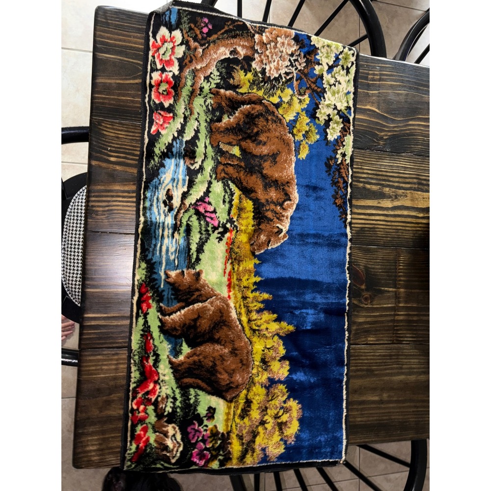 Vintage Velvet Bear Tapestry Wall Hanging Wildlife Forest Scene 39x19